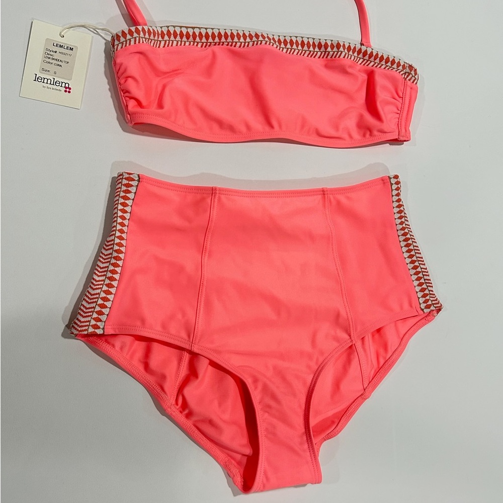 Lemlem Lena Bikini Set Bandeau Top & High Waist Bottom Coral